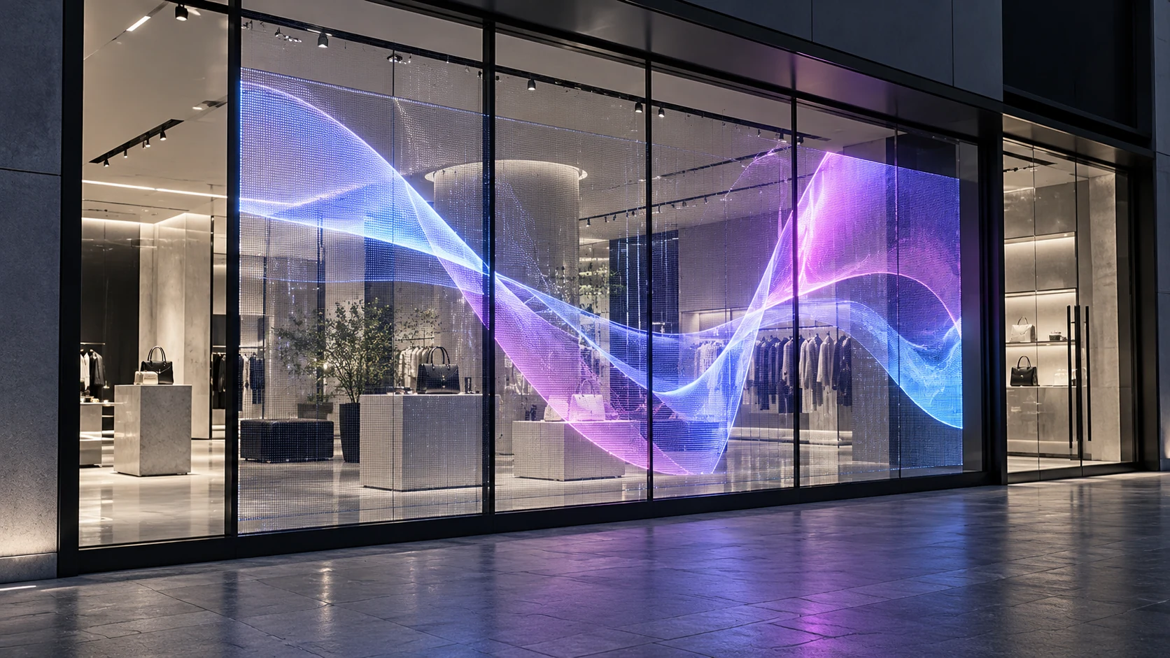 Transparent LED screen installed across a modern commercial glass storefront
